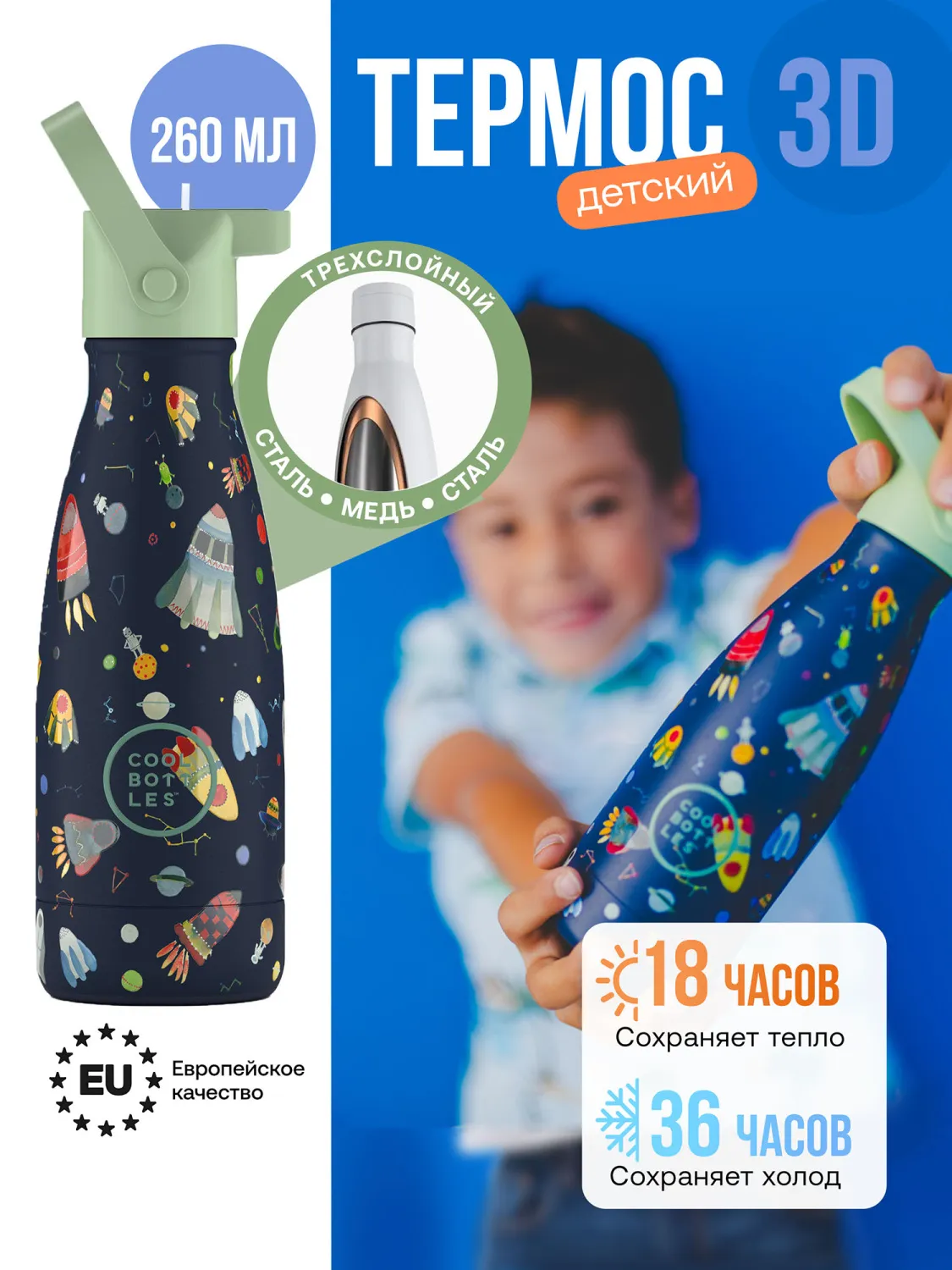 Термос Cool Bottles Kids серия Adventure Space Rockets 260мл CBBK26SR